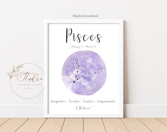 PISCES Star Sign Constellation Printable, Purple watercolour Zodiac print (digital download)