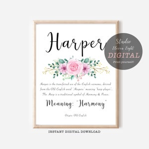 Harper Name Meaning Printable with Pink Floral Design, Harper Digital Instant Download, Personalised Name Meaning Print for Harper