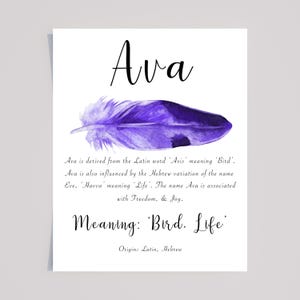 Ava Name Meaning Print with Purple watercolour Feather, Ava Personalised Gift, Gifts for her, Naming gift Ava, kids, nursery wall, Ava Print