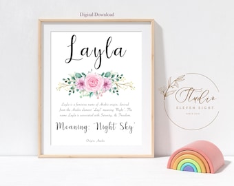LAYLA Personalised name meaning print : Girls Pink Floral Nursery printable (Digital Download)
