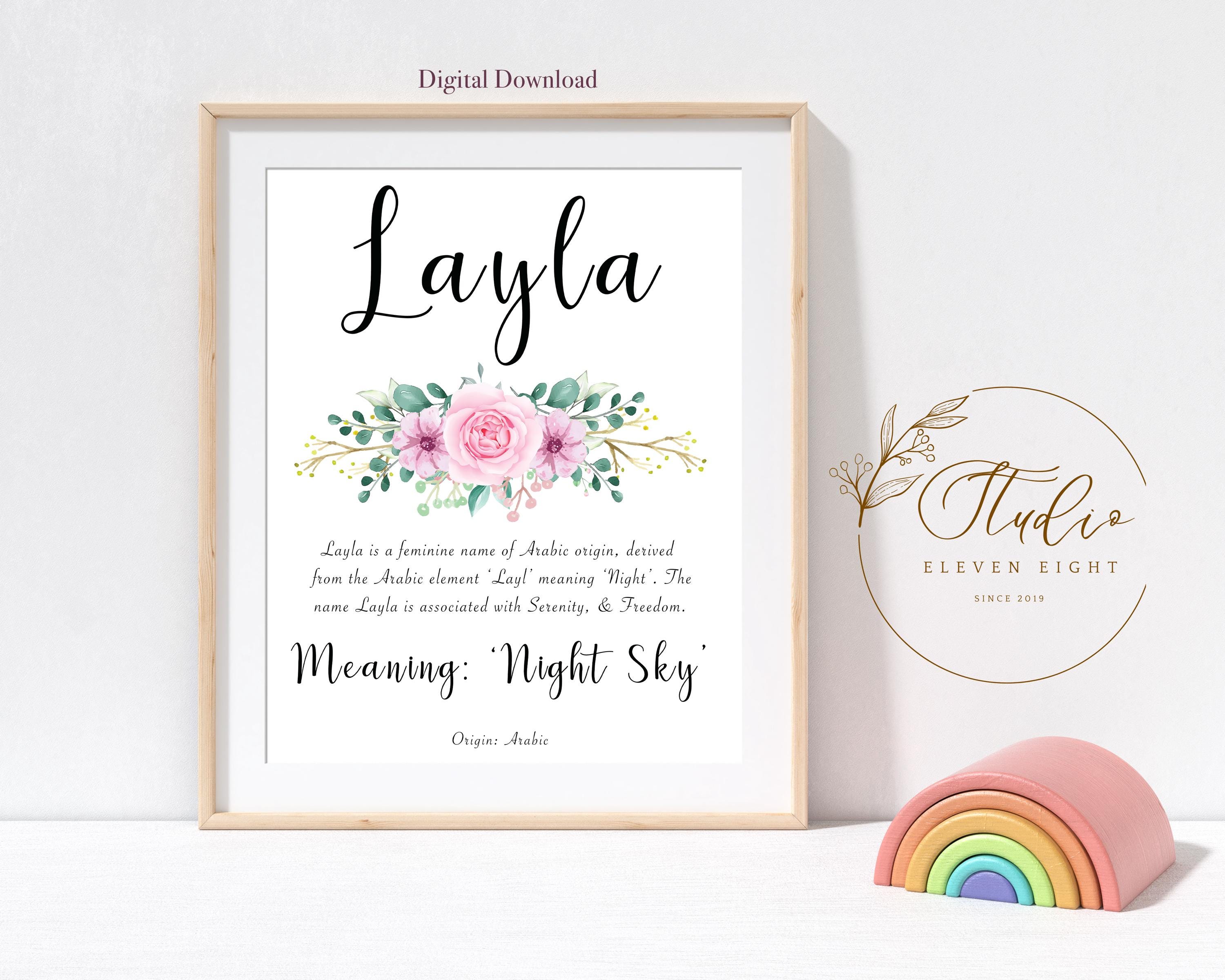 LAYLA Personalised Name Meaning Print : Girls Pink Floral Nursery