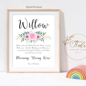 Willow Name Meaning Printable : Girls Personalised Pink Floral Nursery Print (Digital download)