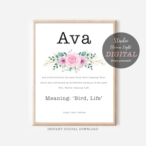 Ava の名前の意味をピンクの花とタイプライターフォントで印刷可能、Ava の即時ダウンロード、Ava のパーソナライズされた名前の意味の印刷、デジタル