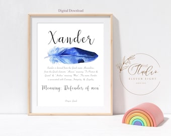 Xander Name Meaning Print : Boys Personalised Blue Feather Nursery Printable (Digital Download)