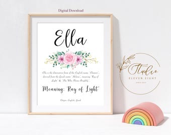 ELLA Name Meaning Printable : Personalised girls nursery print, pink floral (Digital Download)