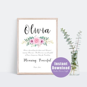 Olivia Name Meaning Pink Floral Digital Print, Olivia Instant Download,  Personalised Name Prints and Gifts, Girls,  A4, 8x10, 11x14, 16x20