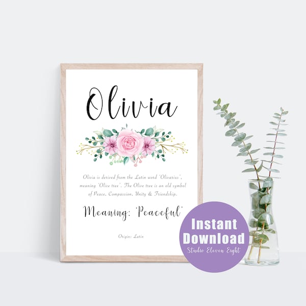 Olivia Namensbedeutung Rosa Blumen Digitaldruck, Olivia Sofort Download, personalisierte Namensdrucke und Geschenke, Mädchen, A4, 8x10, 11x14, 16x20