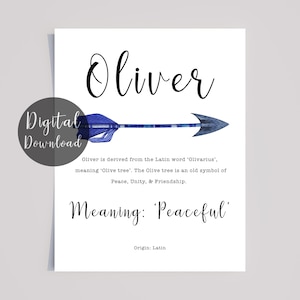OLIVER Personalised Name Meaning Print with Blue watercolour arrow : Digital download