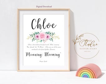 Impresión con el significado del nombre CHLOE: Impresión personalizada para habitación infantil de niñas, flores rosas (descarga digital).