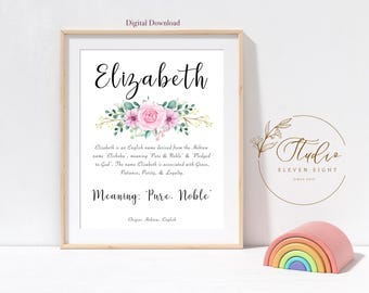 ELIZABETH Name Meaning Print : Girls Personalised Pink Floral Nursery Printable (digital download)