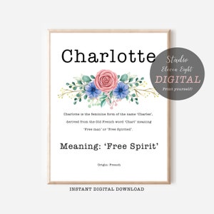Charlotte Name Meaning Printable with Pink Blue Flowers and typewriter font design, Charlotte Instant Download  Name Meaning Print