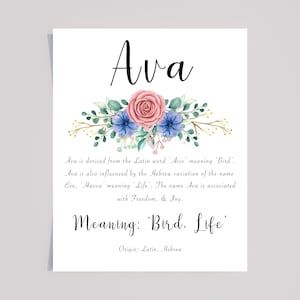 Ava Name Meaning Print with Pink and blue watercolour flowers, Ava Personalised Name print, Personalised Nursery Wall, Kids room, Ava gift