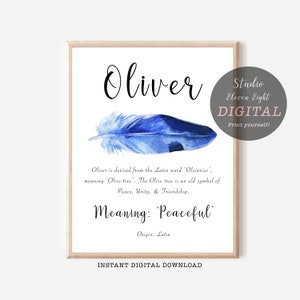 Oliver Name Bedeutung Blaue Feder Digitaldruck, Oliver personalisierte Name Bedeutung, Kinderzimmer bedruckbar, A4, 8x10, 11x14, 16x20