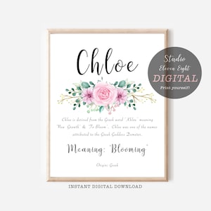 Significato del nome Chloe stampabile con grafica floreale rosa, download istantaneo digitale di Chloe, stampa del significato del nome personalizzato, ricordo di Chloe