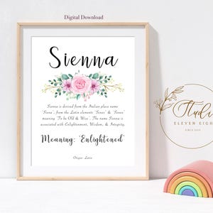 Significado del nombre SIENNA (para imprimir): Lámina personalizada para habitación infantil de niña (descarga digital)
