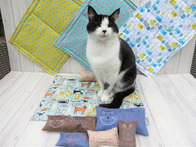 K&ouml;nnte beinhalten: Eine schwarz-wei&szlig;e Katze sitzt auf einem blauen und wei&szlig;en Katzenbett mit mehreren kleinen katzenf&ouml;rmigen Kissen. Die Kissen sind braun, blau, beige und hellblau. Die Kissen haben gestickte Katzenk&ouml;pfe und Namen, darunter "Rodney", "Ollie", "Sophie" und "Rodney".