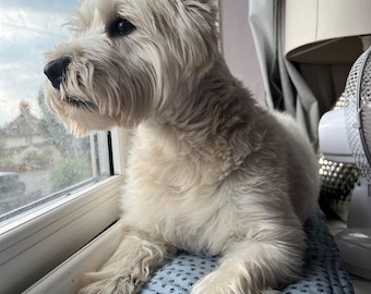 Cojín antideslizante para ventana de perro. Tamaños personalizados disponibles. Primera selección de telas. Personalización gratuita. ¡También disponible en telas lisas!