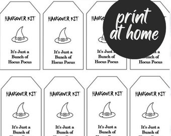 DOWNLOADABLE Hocus Pocus Tags, It's Just a Bunch of Hocus Pocus Tags, Halloween Bachelorette Party Tags, Witch Hat Halloween Tags