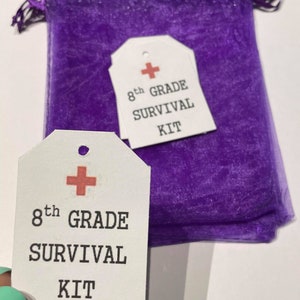 8th Grade Survival Kit Bags and Tags, School Organza Bag Favors, 8th Grade Favor Bags, School Favor Bags, Teacher Favor Bags, School Tags