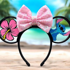 Interchangeable Stitch and Hawaiian Flower Mouse Ears – Custom Disney Headband, Lilo & Stitch Inspired Accessory
