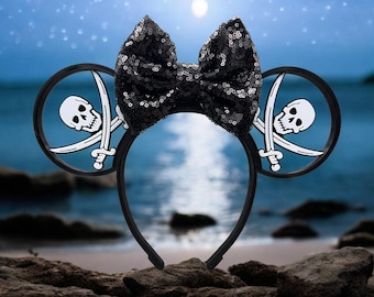 Interchangeable Pirate Mickey/Minnie Mouse Ears, Skull and Swords - Jolly Roger, Caribbean