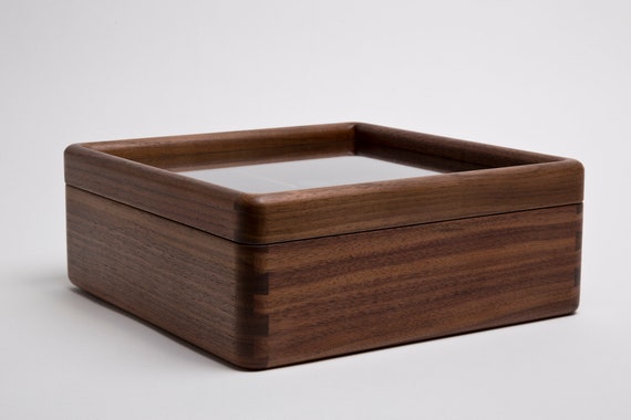 Wood Jewellery Organizer Box Divided Storage Walnut Wood Glass Lid Snack  Tray Home Decor Minimalist Design Housewarming Gift 