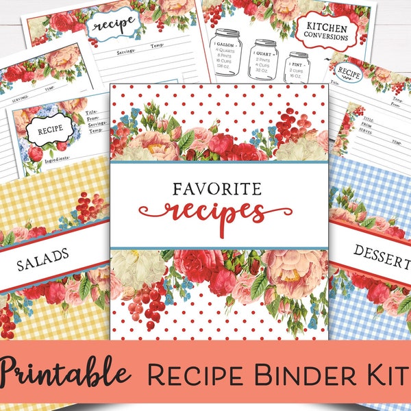 Printable Recipe Binder Kit, Flea Market Flowers: Red, Editable Recipe Cards, Digital Recipe Book, Recipe Organizer, Recipe Template, Gift