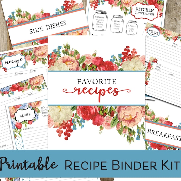 Printable Recipe Binder Kit, Flea Market Flowers, Editable Recipe Card, Digital Recipe Book, Recipe Organizer, Bridal Shower Gift Idea