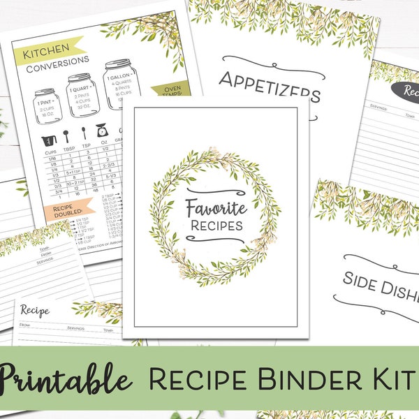 Printable Recipe Binder Kit, Fillable Recipe Cards, Digital Recipe Book, Recipe Organizer, Bridal Shower Gift, Mother's Day Gift Idea