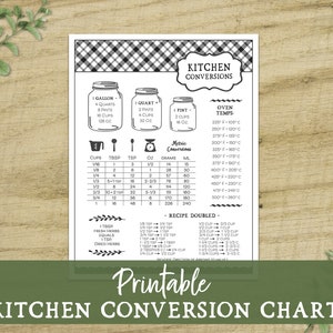 Kitchen Conversion Chart - Digital Files, Kitchen Chart, Baking Measurements, Printable Recipe Book Chart, Recipe Conversions, Kitchen Decor