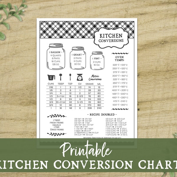 Kitchen Conversion Chart - Digital Files, Kitchen Chart, Baking Measurements, Printable Recipe Book Chart, Recipe Conversions, Kitchen Decor