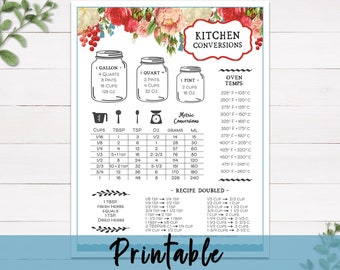 Kitchen Conversion Chart, Flea Market Floral - Digital Files, Kitchen Chart, Baking Measurements, Recipe Conversions, Kitchen Decor