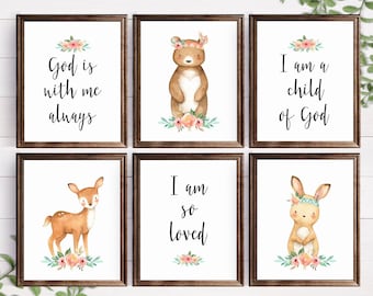 God is With Me Cute Animals Digital Prints, Baby Animals Artwork, Christian Nursery Decor, Woodland Baby Shower Decor, Baptism Gift