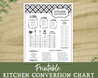 Kitchen Conversion Chart - Digital Files, Kitchen Chart, Baking Measurements, Printable Recipe Book Chart, Recipe Conversions, Kitchen Decor