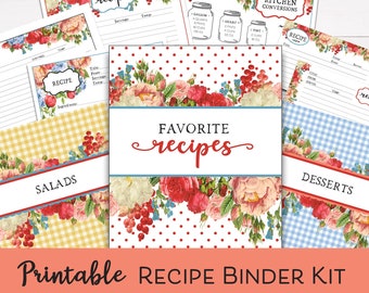 Printable Recipe Binder Kit, Flea Market Flowers: Red, Editable Recipe Cards, Digital Recipe Book, Recipe Organizer, Recipe Template, Gift