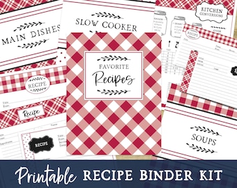 Printable Recipe Binder Kit - Red, Farmhouse Kitchen, Fillable Recipe Cards, Digital Recipe Book, Recipe Organizer, Bridal Shower Gift Idea