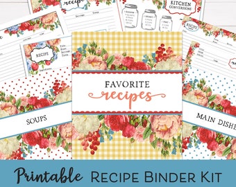 Printable Recipe Binder Kit, Flea Market Flowers Yellow, Editable Recipe Card, Digital Recipe Book, Recipe Organizer, Gift Idea for Cooks