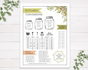Kitchen Conversion Chart - Digital Files, Kitchen Chart, Baking Measurements, Printable Recipe Book Chart, Recipe Conversions, Kitchen Decor