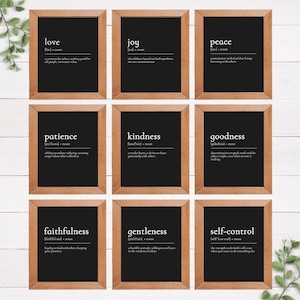 May include: Nine framed prints with a black background and white text. Each frame features a different word: love, joy, peace, patience, kindness, goodness, faithfulness, gentleness, and self-control. The frames are a light brown color.