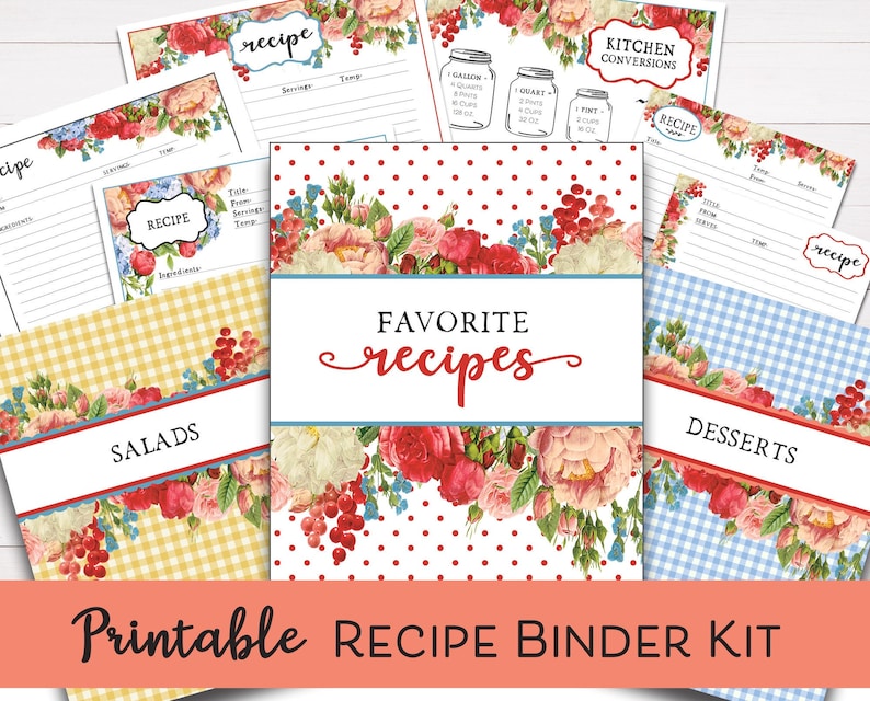 Printable Recipe Binder Kit Flea Market Flowers Red Etsy