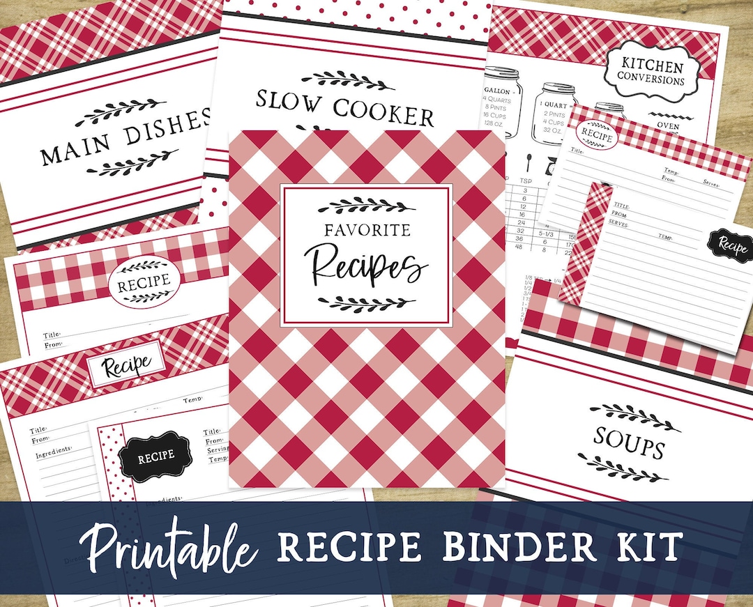 Printable Recipe Binder Kit  Red Farmhouse Kitchen Fillable