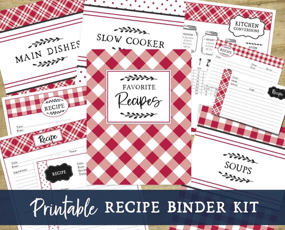 Printable Recipe Binder Kit  Red Farmhouse Kitchen Fillable