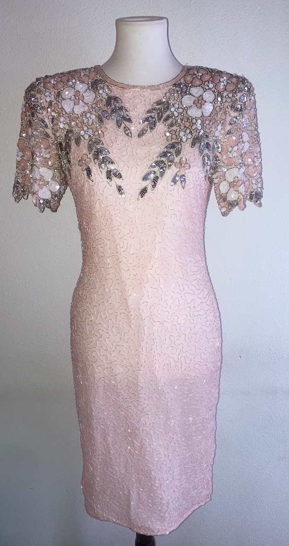 Vintage 1980s beaded sequin pink dress
