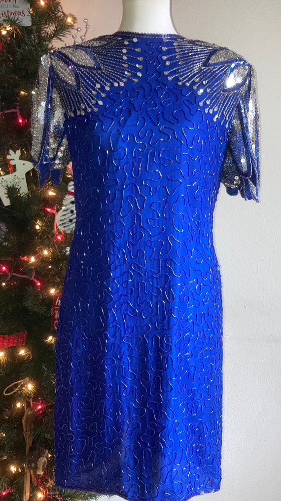 Laurence Kazar beaded blue 80s dress