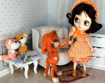 Crocheted orange dress and hat for Blythe doll.Blythe clothes. Outfit for Blythe.