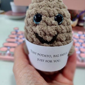 Malutki pluszowy ziemniak zrobiony na szydełku, kieszonkowy uścisk, pluszowy symbol wsparcia emocjonalnego, karta z afirmacjami