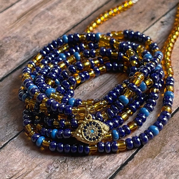 PROTECT THINE ENERGY. Blue & Gold Protection Evil Eye Charm Waist Beads