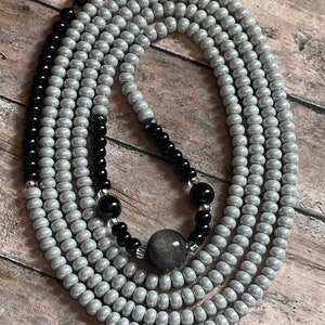 DEEP SPACE. Silver Obsidian Waist Beads Grey Black Gemstone Beaded Body Jewelry