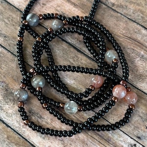 SUN & MOON. Rose Gold Sunstone Moonstone Gemstone Waist Beads Spiritual Crystal Body Jewelry Tie On plus size 80” Black Owned