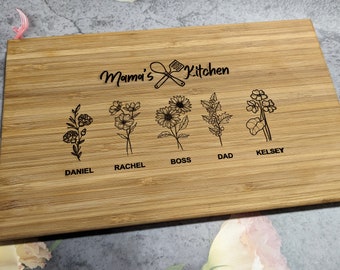 Personalized Cutting Board Gifts for Mom Wife Personalized Birthday Mother Son Daughter Mama's Kitchen Grandma w/ Names Birth Flower Garden